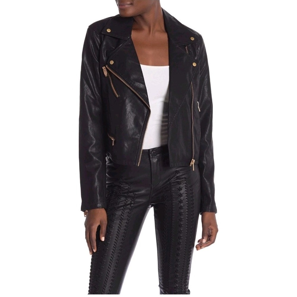 BLANK NYC Black Gold Faux Leather Moto Sleek Going Out Edgy Punk Jacket Size XS
